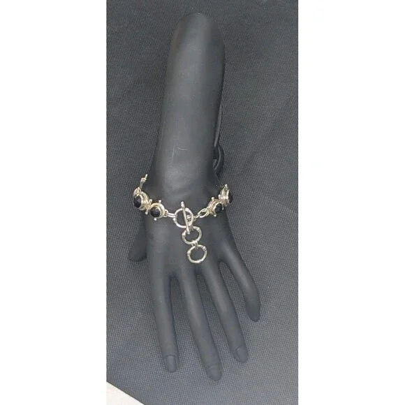 Sterling Silver & Black Spinel Round Checkerboard Toggle Bracelet, Adjustable - Picture 2 of 5
